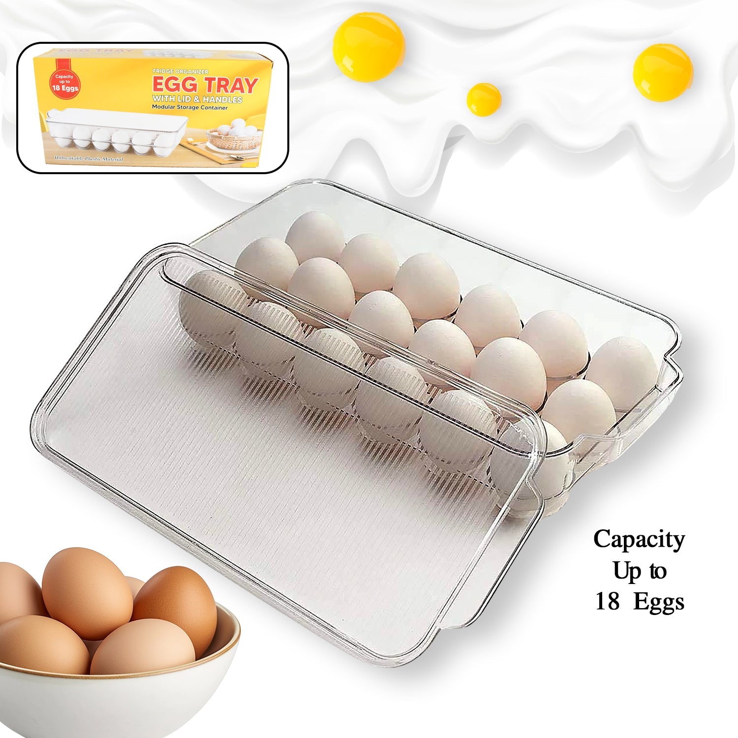 Plastic 18 Cavity Egg Storage Box Or Egg Trays For Refrigerator With Lid & Handles High Quality, Rectangular Egg Tray Box For 18 Egg (1 Pc) Plastic 18 Cavity Egg Storage Box Or Egg Trays For Refrigerator With Lid & Handles High Quality, Rectangular Egg Tray Box For 18 Egg (1 Pc)